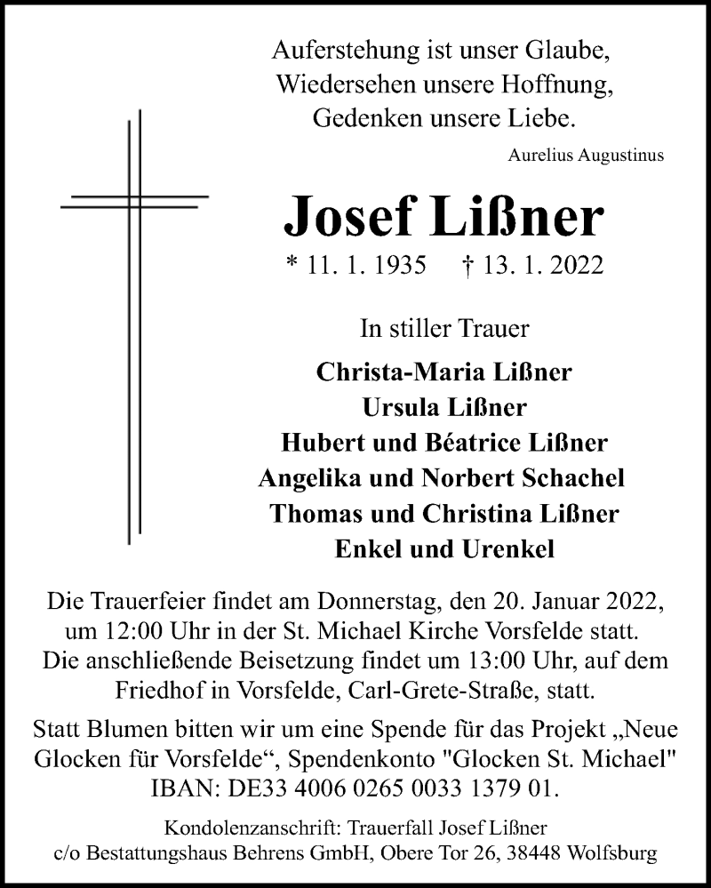  Traueranzeige für Josef Lißner vom 18.01.2022 aus Aller Zeitung
