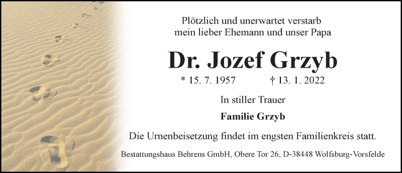  Traueranzeige für Jozef Grzyb vom 22.01.2022 aus Aller Zeitung