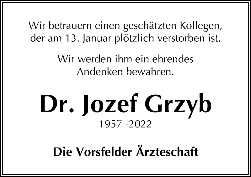  Traueranzeige für Jozef Grzyb vom 29.01.2022 aus Aller Zeitung