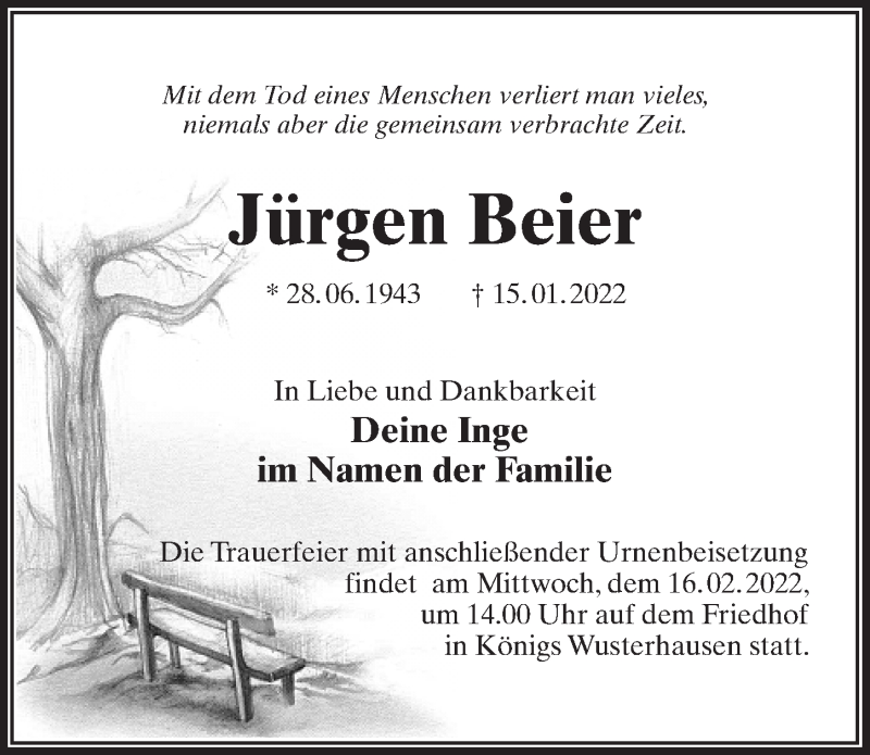  Traueranzeige für Jürgen Beier vom 22.01.2022 aus Märkischen Allgemeine Zeitung