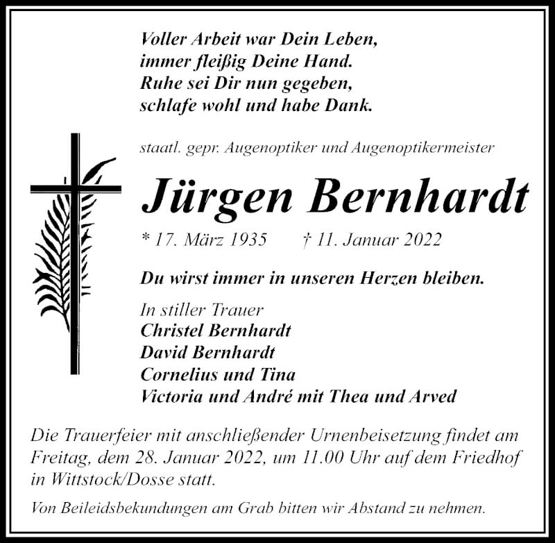  Traueranzeige für Jürgen Bernhardt vom 15.01.2022 aus Märkischen Allgemeine Zeitung
