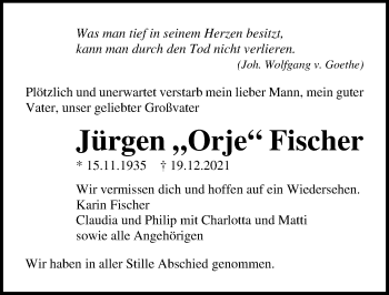 Traueranzeige von Jürgen  Fischer von Lübecker Nachrichten