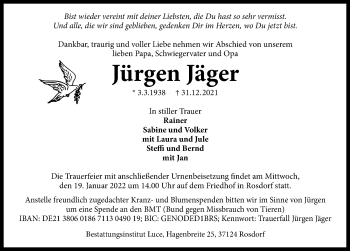 Traueranzeige von Jürgen Jäger von Göttinger Tageblatt
