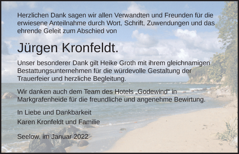  Traueranzeige für Jürgen Kronfeldt vom 29.01.2022 aus Ostsee-Zeitung GmbH