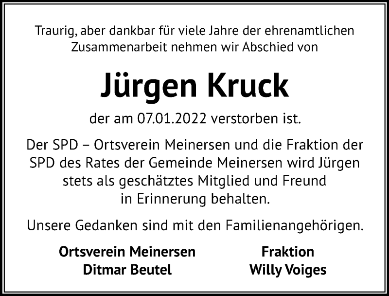  Traueranzeige für Jürgen Kruck vom 25.01.2022 aus Aller Zeitung