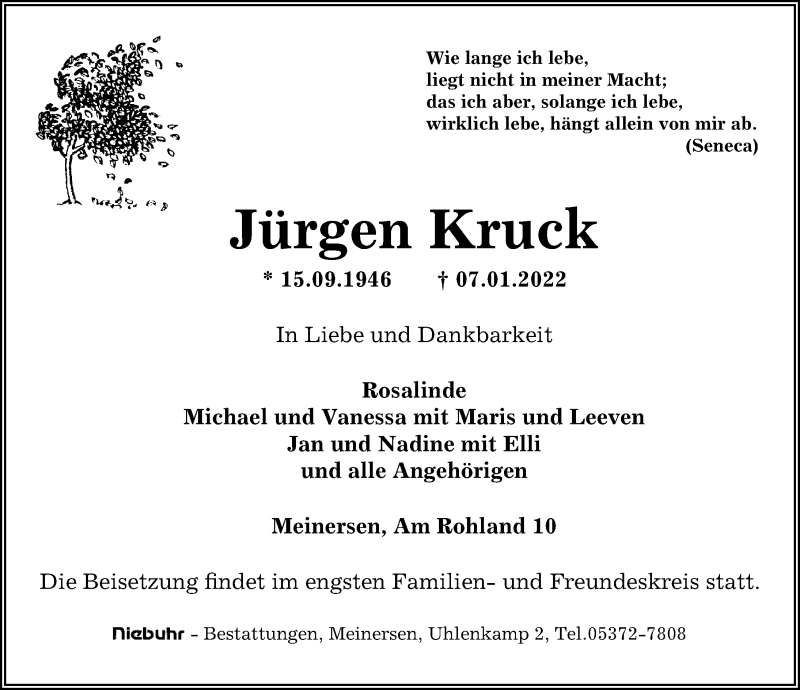  Traueranzeige für Jürgen Kruck vom 14.01.2022 aus Aller Zeitung