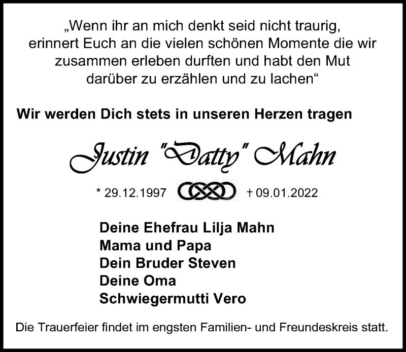  Traueranzeige für Justin Mahn vom 15.01.2022 aus Hannoversche Allgemeine Zeitung/Neue Presse