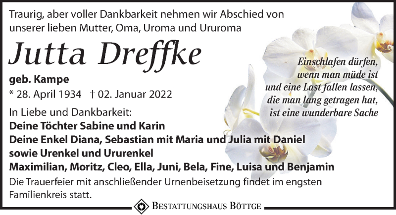  Traueranzeige für Jutta Dreffke vom 15.01.2022 aus Leipziger Volkszeitung