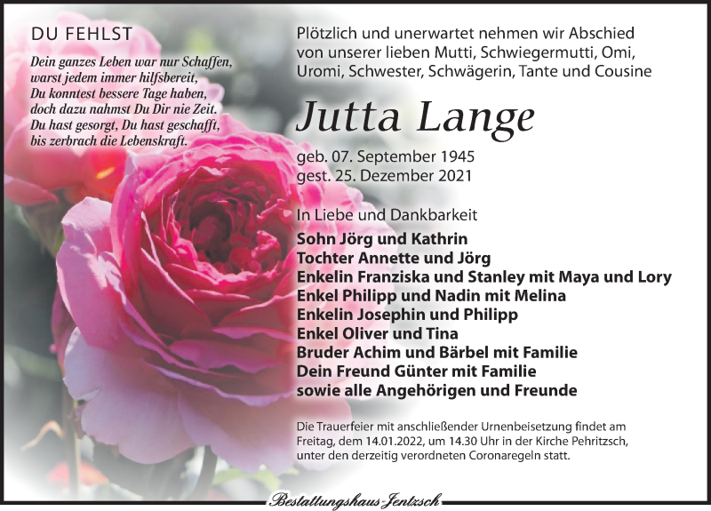  Traueranzeige für Jutta Lange vom 08.01.2022 aus Leipziger Volkszeitung
