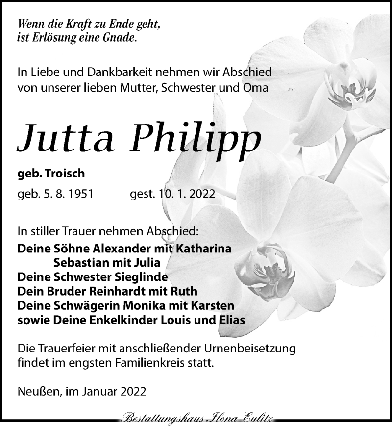  Traueranzeige für Jutta Philipp vom 15.01.2022 aus Torgauer Zeitung