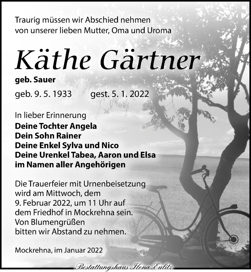  Traueranzeige für Käthe Gärtner vom 15.01.2022 aus Torgauer Zeitung