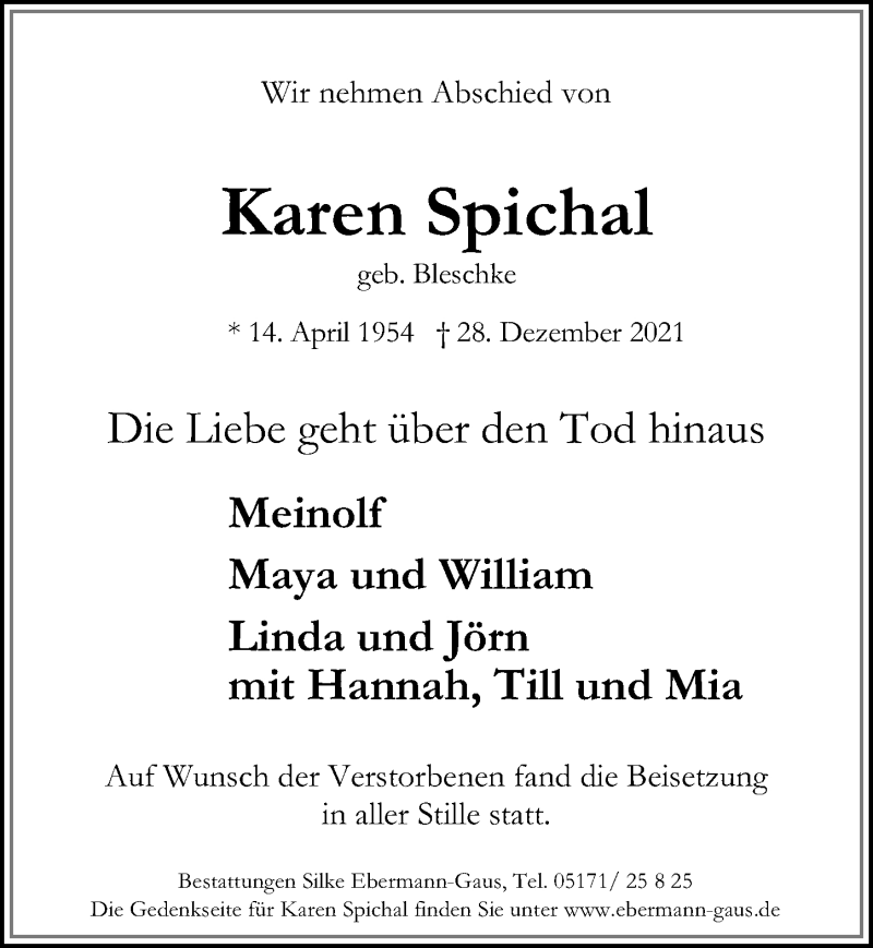  Traueranzeige für Karen Spichal vom 11.01.2022 aus Peiner Allgemeine Zeitung