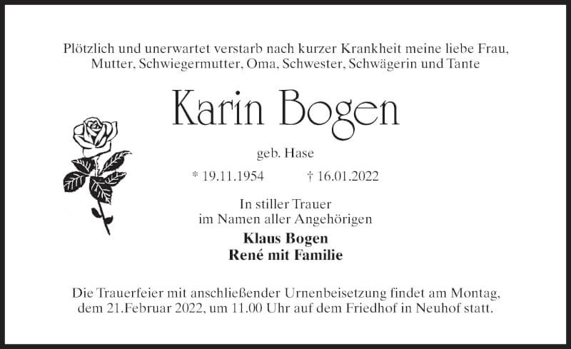  Traueranzeige für Karin Bogen vom 29.01.2022 aus Märkischen Allgemeine Zeitung