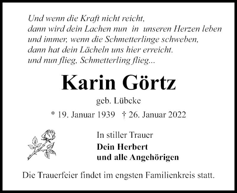  Traueranzeige für Karin Görtz vom 29.01.2022 aus Kieler Nachrichten