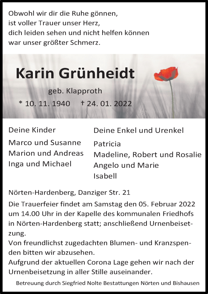  Traueranzeige für Karin Grünheidt vom 29.01.2022 aus Göttinger Tageblatt