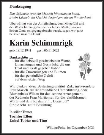 Traueranzeige von Karin Schimmrigk von Märkischen Allgemeine Zeitung