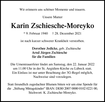 Traueranzeige von Karin Zschiesche-Moreyko von Lübecker Nachrichten