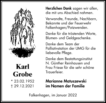 Traueranzeige von Karl Grobe von Göttinger Tageblatt