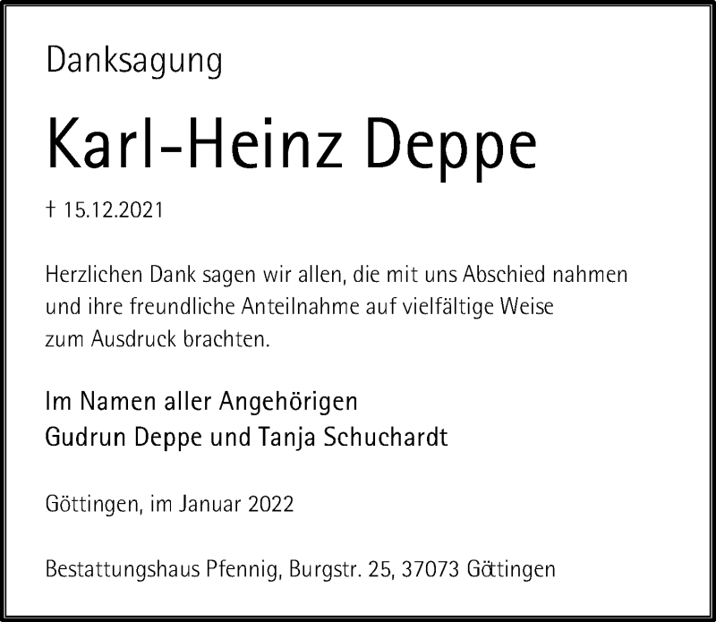  Traueranzeige für Karl-Heinz Deppe vom 22.01.2022 aus Göttinger Tageblatt