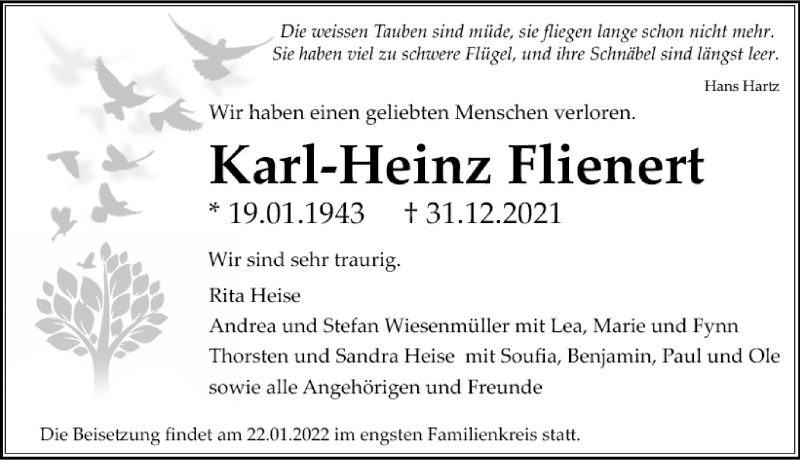  Traueranzeige für Karl-Heinz Flienert vom 08.01.2022 aus Göttinger Tageblatt