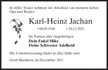 Traueranzeige von Karl-Heinz Jachan von Märkischen Allgemeine Zeitung