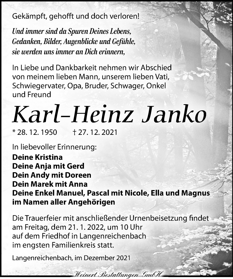  Traueranzeige für Karl-Heinz Janko vom 08.01.2022 aus Torgauer Zeitung