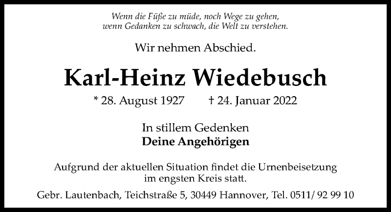  Traueranzeige für Karl-Heinz Wiedebusch vom 29.01.2022 aus Hannoversche Allgemeine Zeitung/Neue Presse