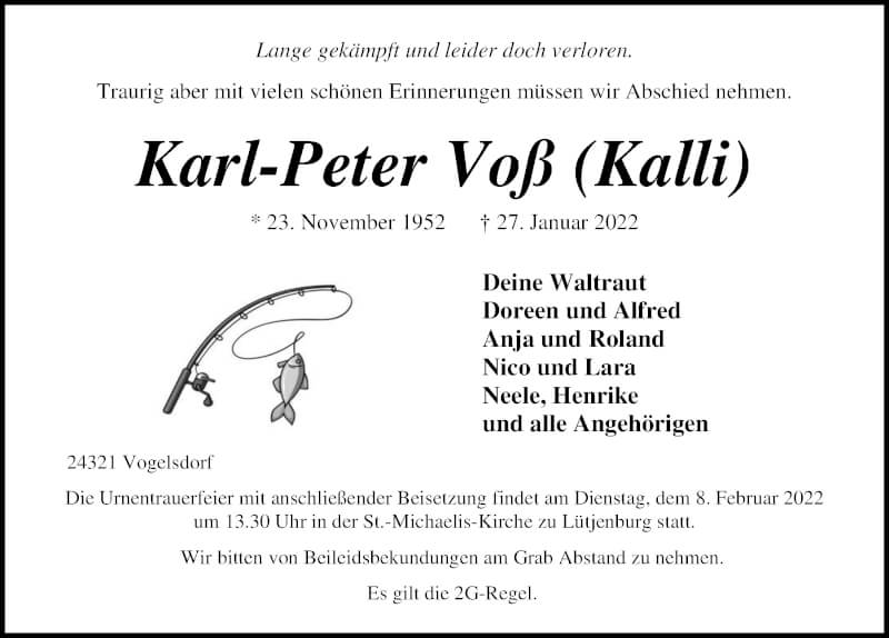  Traueranzeige für Karl-Peter Voß vom 29.01.2022 aus Kieler Nachrichten