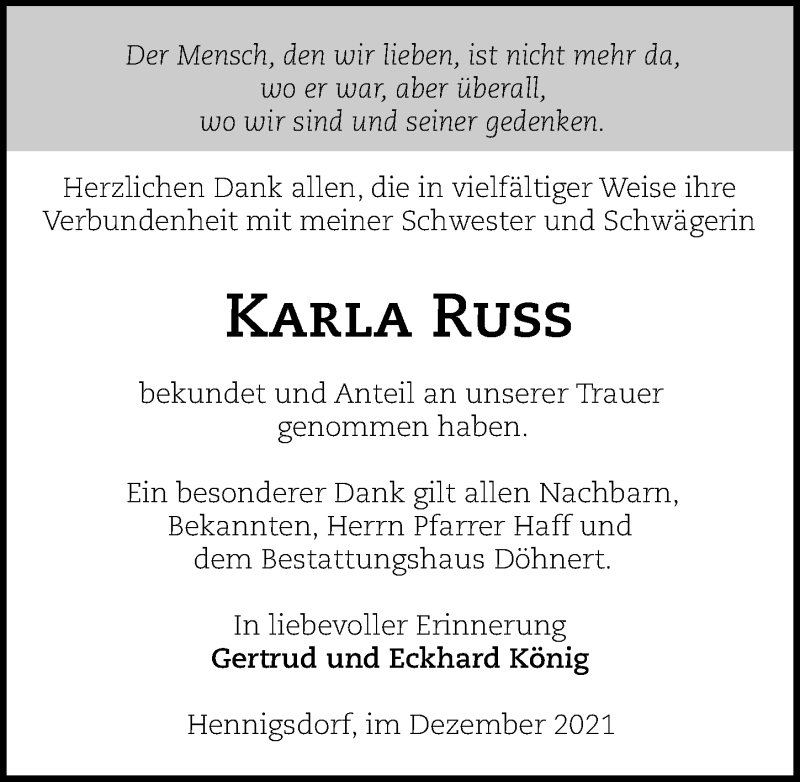  Traueranzeige für Karla Russ vom 11.12.2021 aus Märkischen Allgemeine Zeitung