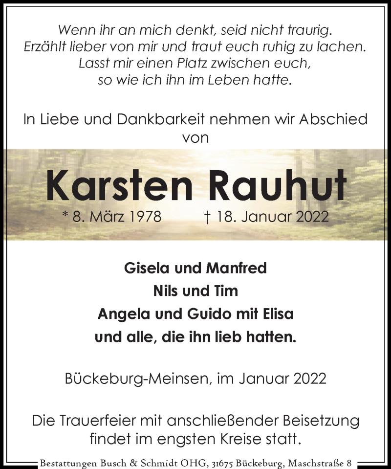  Traueranzeige für Karsten Rauhut vom 22.01.2022 aus Schaumburger Nachrichten