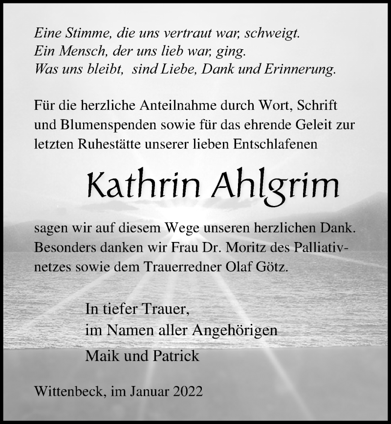  Traueranzeige für Kathrin Ahlgrim vom 22.01.2022 aus Ostsee-Zeitung GmbH
