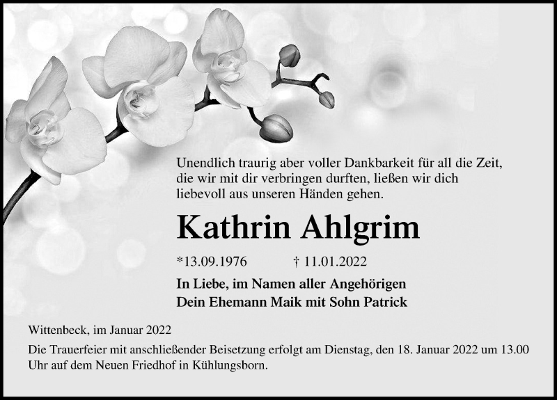  Traueranzeige für Kathrin Ahlgrim vom 13.01.2022 aus Ostsee-Zeitung GmbH