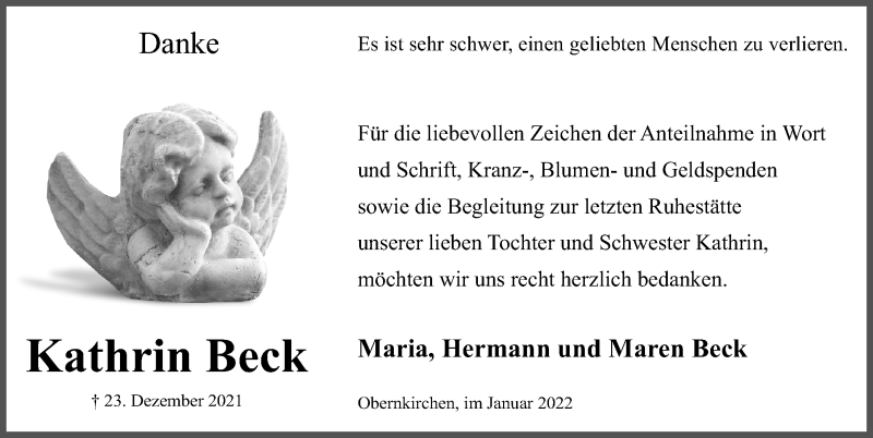  Traueranzeige für Kathrin Beck vom 22.01.2022 aus Schaumburger Nachrichten