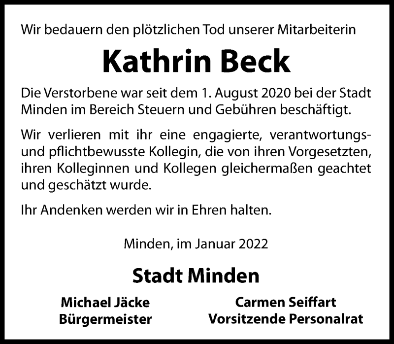 Traueranzeige für Kathrin Beck vom 08.01.2022 aus Schaumburger Nachrichten