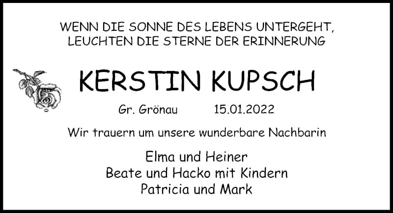  Traueranzeige für Kerstin Kupsch vom 23.01.2022 aus Lübecker Nachrichten
