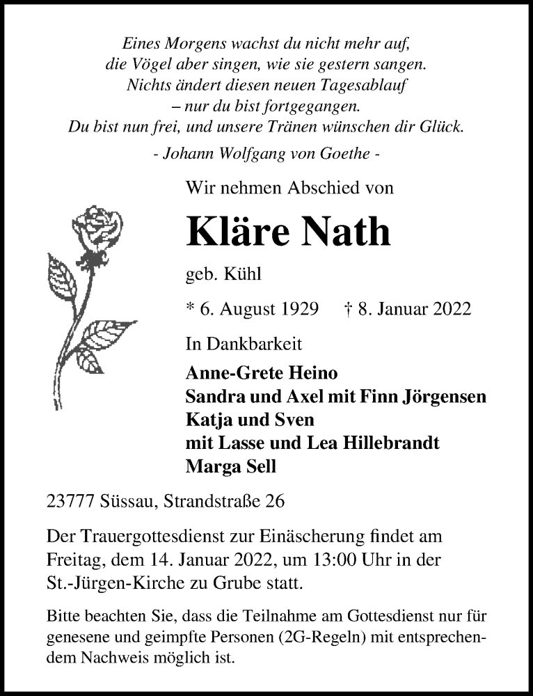  Traueranzeige für Kläre Nath vom 12.01.2022 aus Lübecker Nachrichten