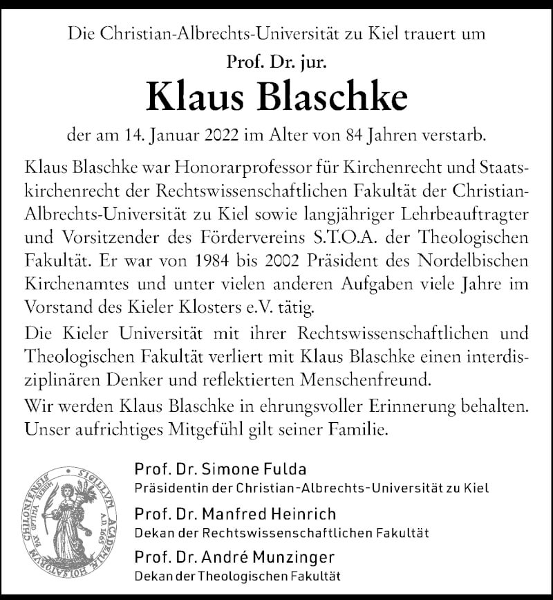  Traueranzeige für Klaus Blaschke vom 22.01.2022 aus Kieler Nachrichten