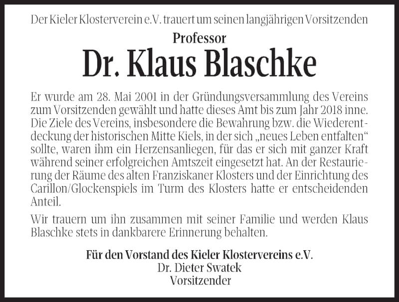  Traueranzeige für Klaus Blaschke vom 22.01.2022 aus Kieler Nachrichten