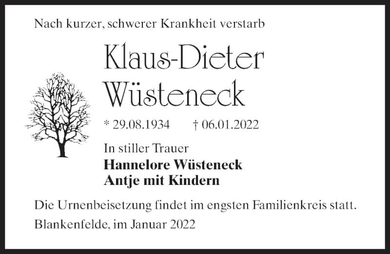  Traueranzeige für Klaus-Dieter Wüsteneck vom 15.01.2022 aus Märkischen Allgemeine Zeitung
