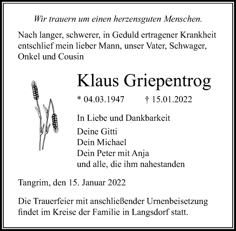  Traueranzeige für Klaus Griepentrog vom 22.01.2022 aus Ostsee-Zeitung GmbH