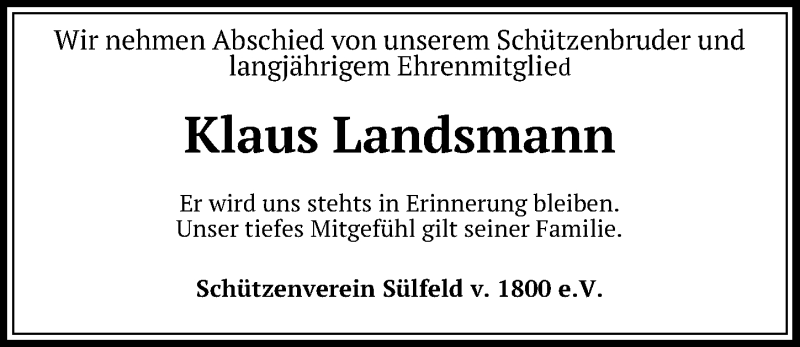  Traueranzeige für Klaus Landsmann vom 15.01.2022 aus Aller Zeitung