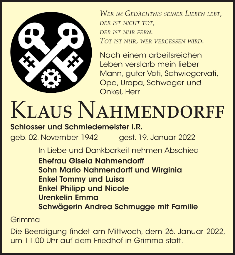  Traueranzeige für Klaus Nahmendorff vom 22.01.2022 aus Leipziger Volkszeitung