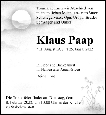 Traueranzeige von Klaus Paap von Ostsee-Zeitung GmbH