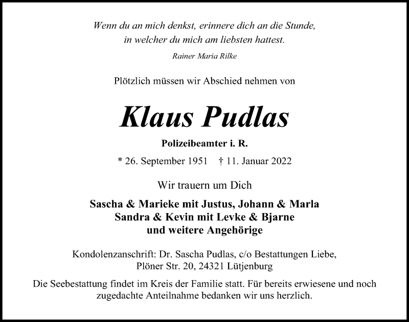  Traueranzeige für Klaus Pudlas vom 15.01.2022 aus Kieler Nachrichten