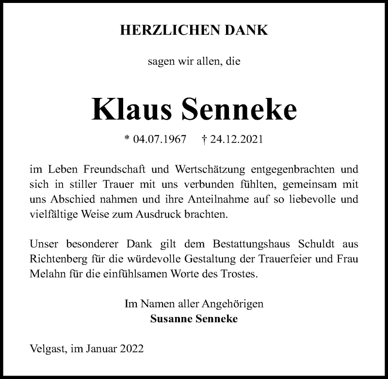  Traueranzeige für Klaus Senneke vom 29.01.2022 aus Ostsee-Zeitung GmbH