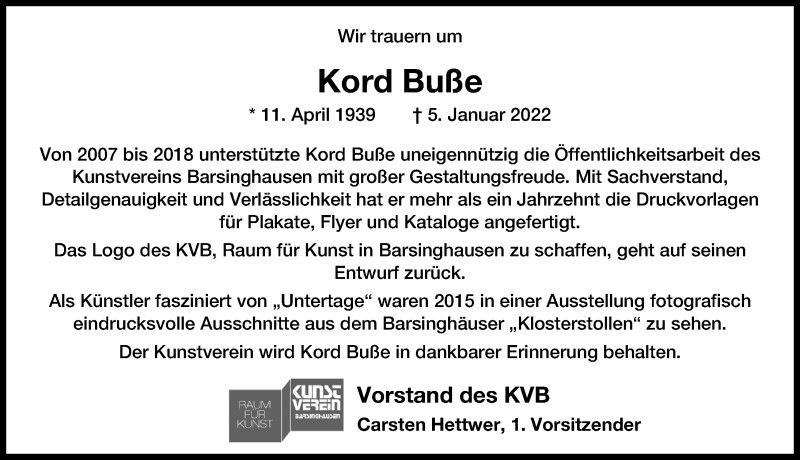  Traueranzeige für Kord Buße vom 15.01.2022 aus Hannoversche Allgemeine Zeitung/Neue Presse