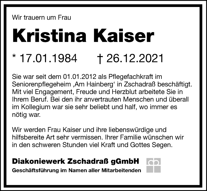  Traueranzeige für Kristina Kaiser vom 08.01.2022 aus Leipziger Volkszeitung