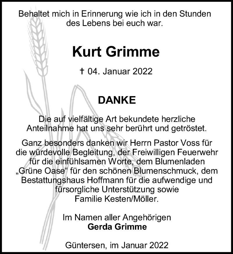  Traueranzeige für Kurt Grimme vom 29.01.2022 aus Göttinger Tageblatt
