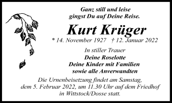 Traueranzeige von Kurt Krüger von Märkischen Allgemeine Zeitung