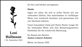 Traueranzeige von Leni Hallmann von Peiner Allgemeine Zeitung